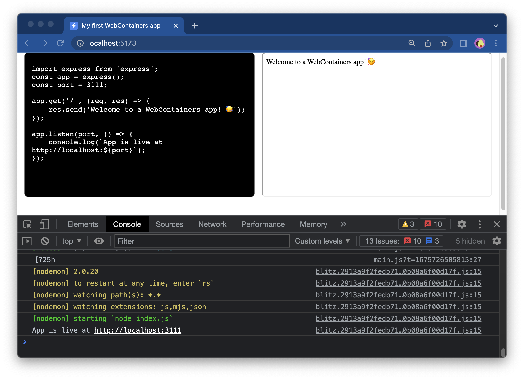 Now the right box, so far empty, features the output of the Express server: "Welcome to a WebContainers app! 🥳"